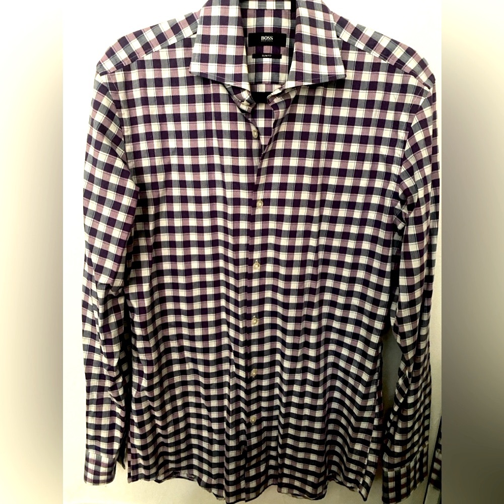 Boss by Hugo Boss plaid shirt purple  blue & white Size 15.5 , 39